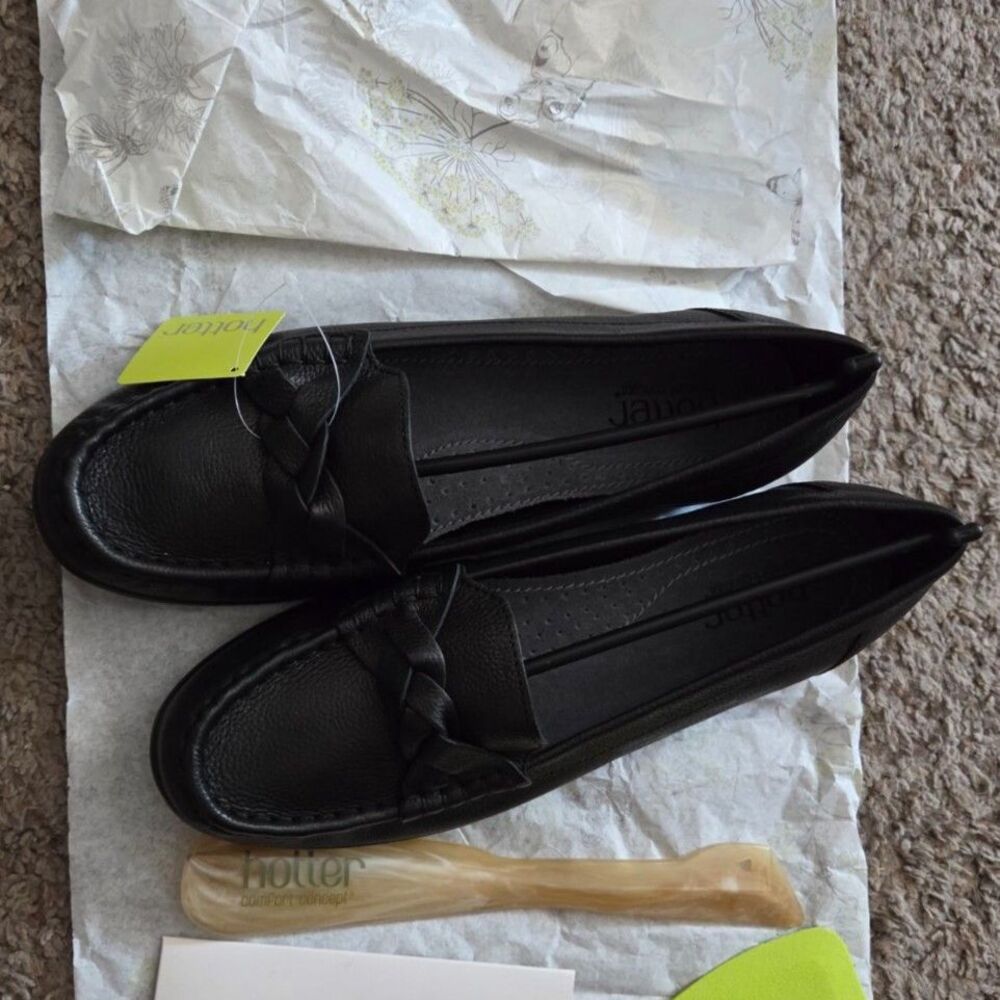 NWT Hotter "Selena" Black Leather Comfort Loafers Shoes